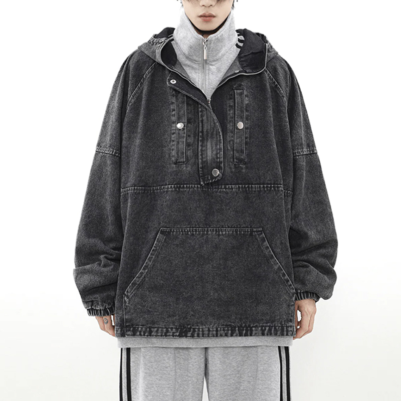 hongfeng offers oversied hoodies men in trendy washed denim with vintage aesthetic style.